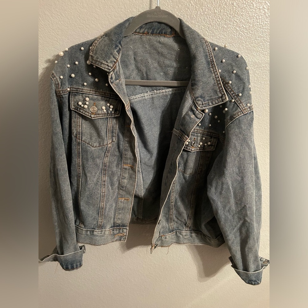 Denim jacket with pearl beading